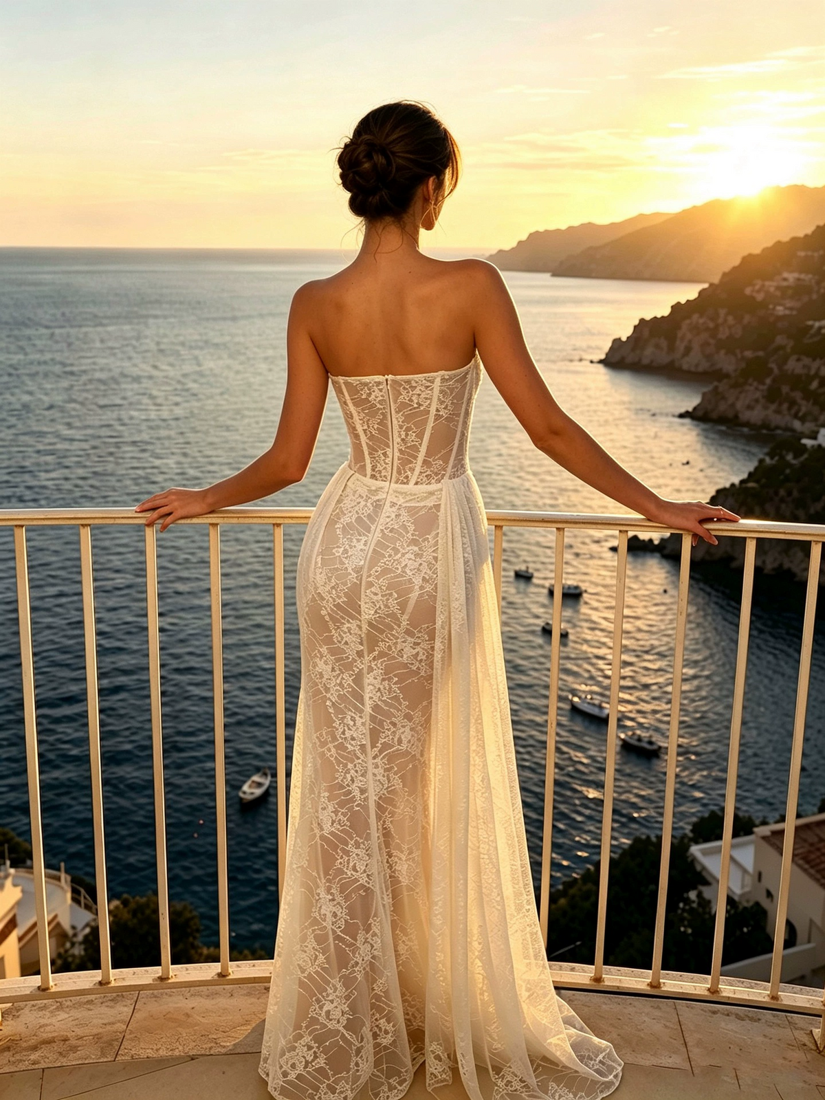 Marnex Strapless Draped Lace Bustier Maxi Dress