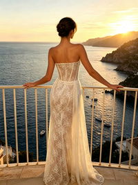 Marnex Strapless Draped Lace Bustier Maxi Dress