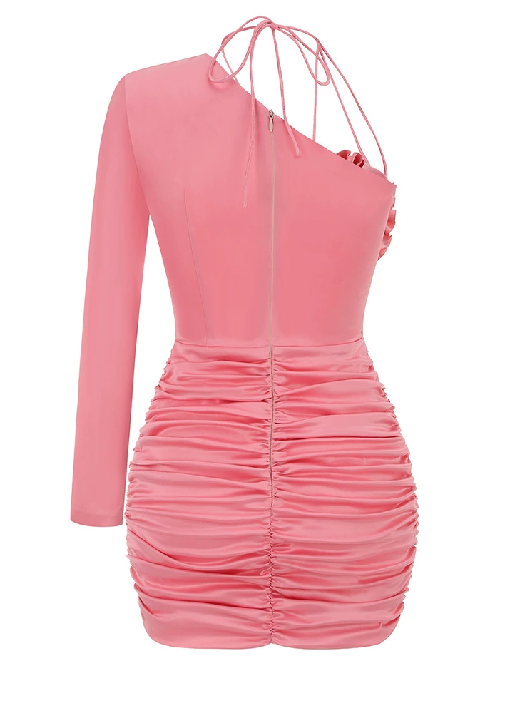 Patey Floral One Shoulder Satin Mini Dress In Pink