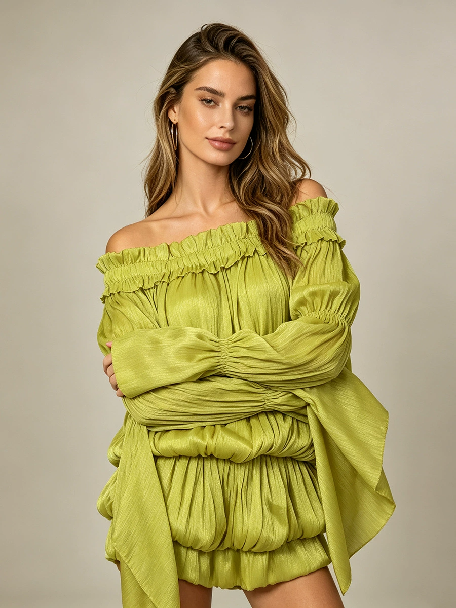 Hadeanix Long Sleeve Bardot Bubble Dress In Green