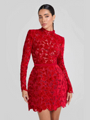 Geyera Long Sleeve Crochet Mini Dress In Red