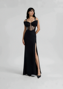 Veerle Bow Bustier Structured Mesh Maxi Dress In Black