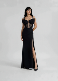 Veerle Bow Bustier Structured Mesh Maxi Dress In Black