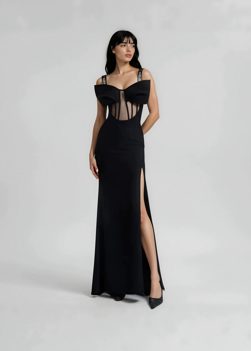 Veerle Bow Bustier Structured Mesh Maxi Dress In Black