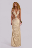 Dagfinn Halter Floral Backless Maxi Dress In Gold