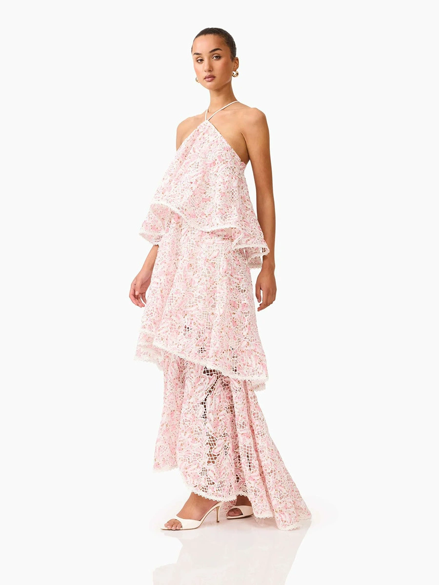 Dervian Pink Halterneck Lace Maxi Dress