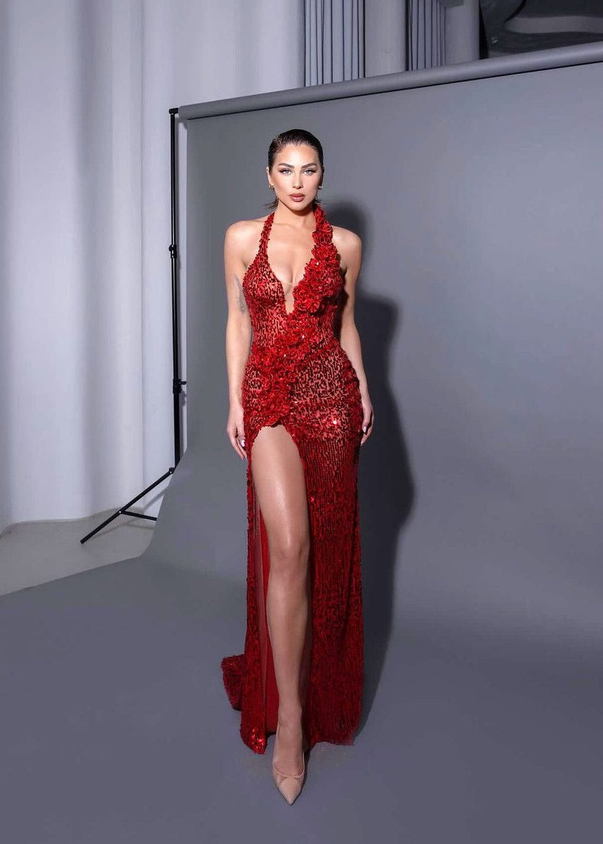 Cimberleigh Halter Floral Detail Sequin Maxi Dress In Red
