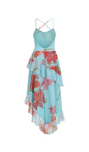 Ares Floral-Print Ruffled Silk Midi Dress In Light Blue
