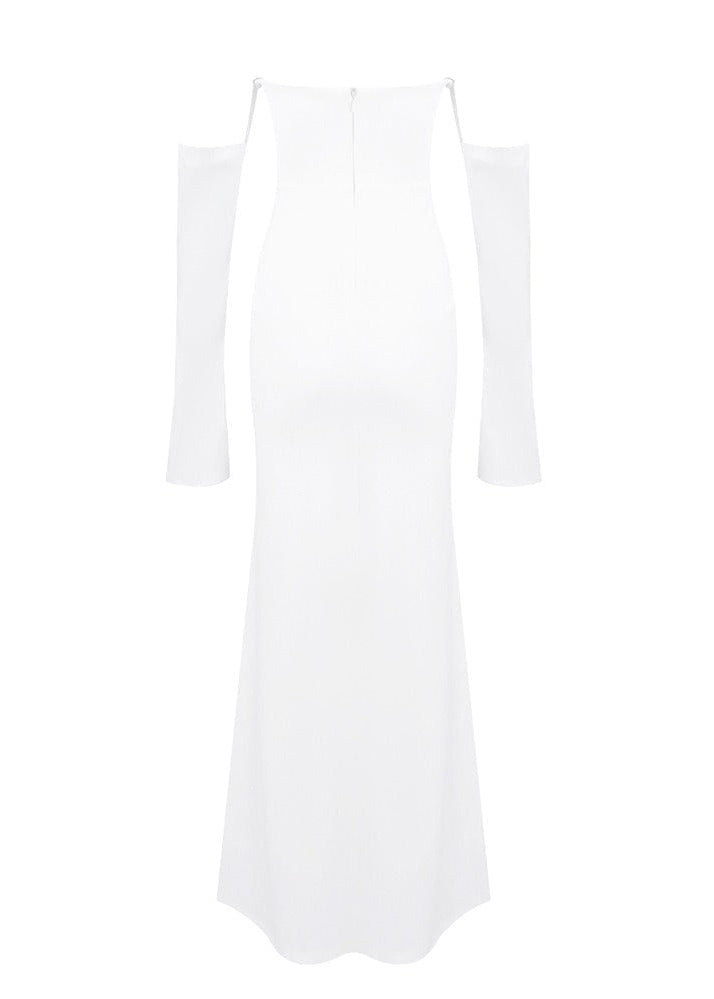 Radka Long Sleeve Strapless Draped Maxi Dress In White