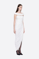 Cierra Off Shoulder Ruched Midi Dress In White