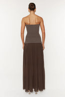 Kazra Strapless Pleated A Line Maxi Dress In Brown