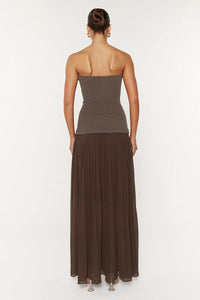 Kazra Strapless Pleated A Line Maxi Dress In Brown