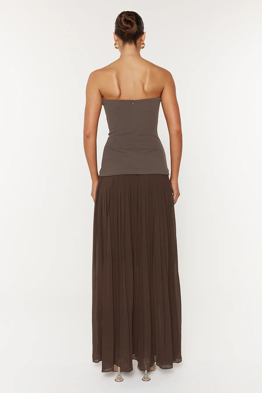 Kazra Strapless Pleated A Line Maxi Dress In Brown