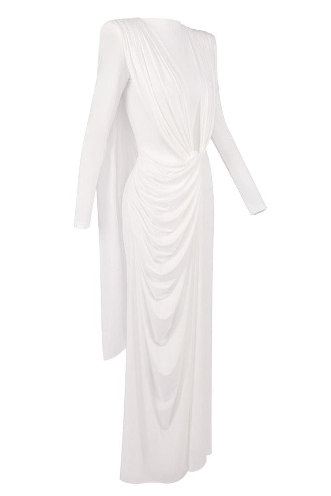 Drynthos Long Sleeve Draped Design Maxi Dress In White