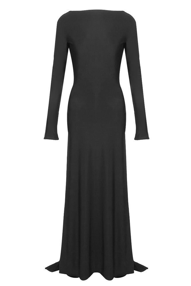 Meghyn Long Sleeve Draped Backless Maxi Dress In Black