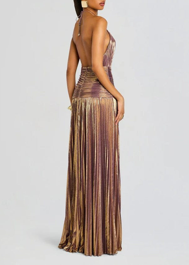 Crovik Halterneck Split Pleated Metallic Maxi Dress In Antique Gold