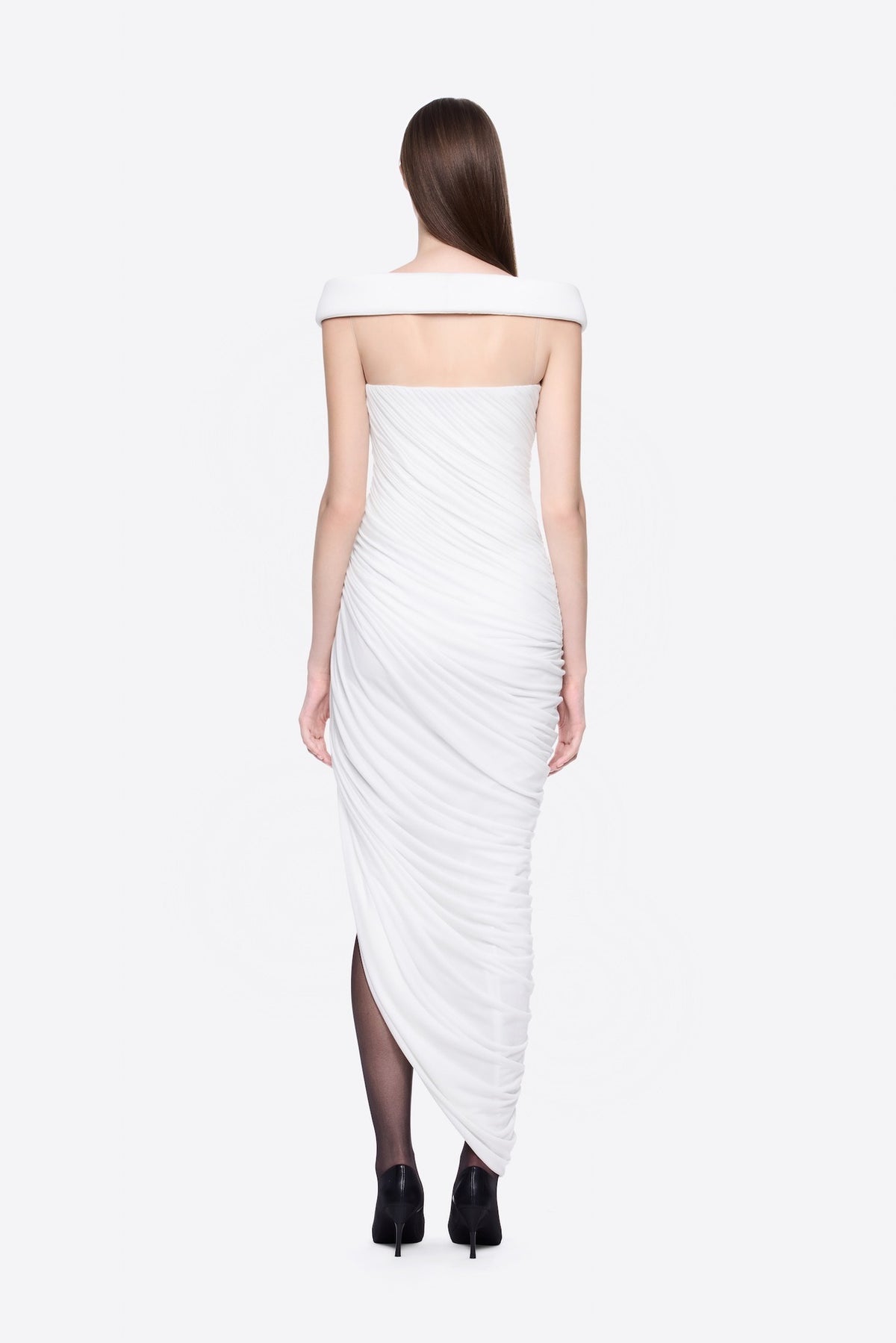 Cierra Off Shoulder Ruched Midi Dress In White