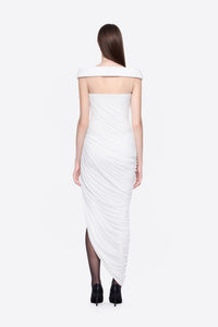 Cierra Off Shoulder Ruched Midi Dress In White