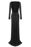 Meghyn Long Sleeve Draped Backless Maxi Dress In Black