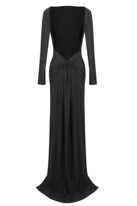 Meghyn Long Sleeve Draped Backless Maxi Dress In Black