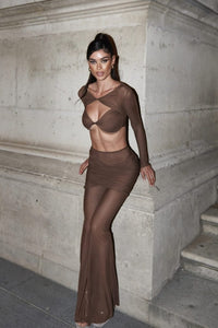 Monroe Long Sleeve Draped Two Piece Jumpsuit In Brown
