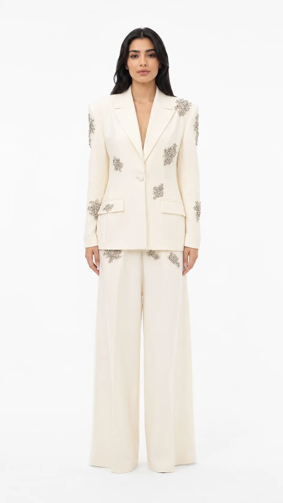 Flores Rhinestones Embellished Blazer Set White