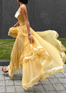Haidi Spaghetti Mesh Ruffle Maxi Dress In Yellow