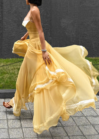 Haidi Spaghetti Mesh Ruffle Maxi Dress In Yellow