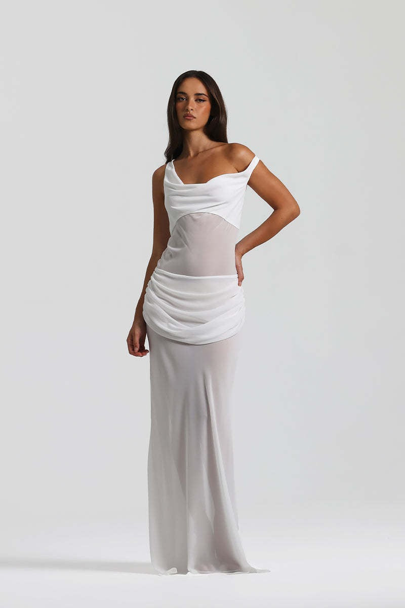 Ryron One Shoulder Corset Draped Maxi Dress In White