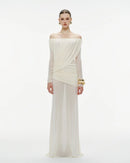 Cryxel Off-Shoulder Draped Mesh Maxi Dress In White