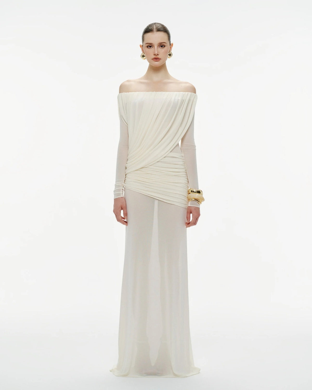 Cryxel Off-Shoulder Draped Mesh Maxi Dress In White