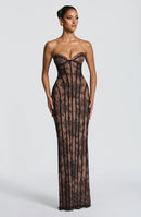 Vazrik Black Floral Lace Corset Maxi Dress