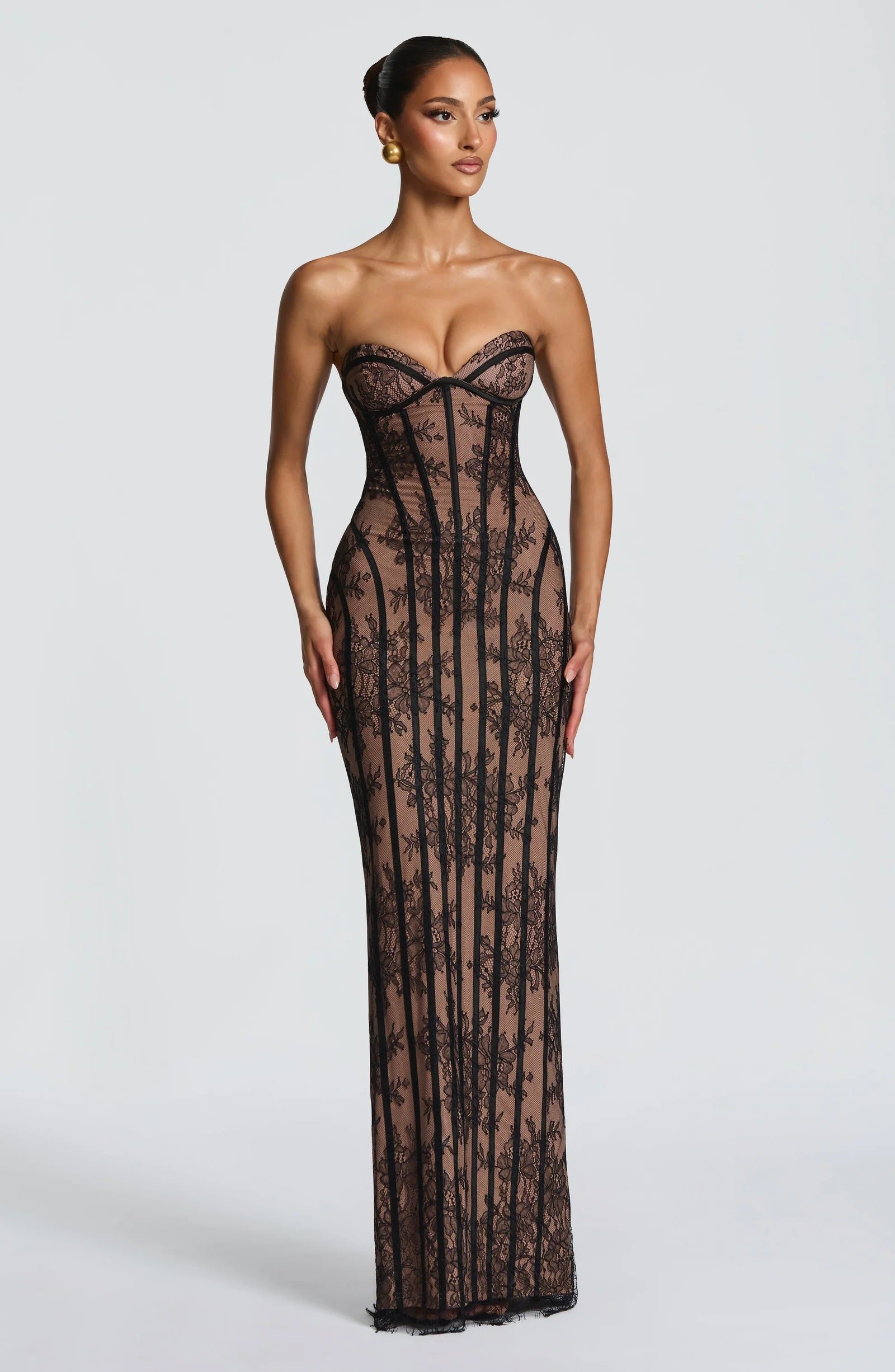 Vazrik Black Floral Lace Corset Maxi Dress
