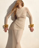 Ramesh Long Sleeve Mesh Insert Draped Maxi Dress In Apricot