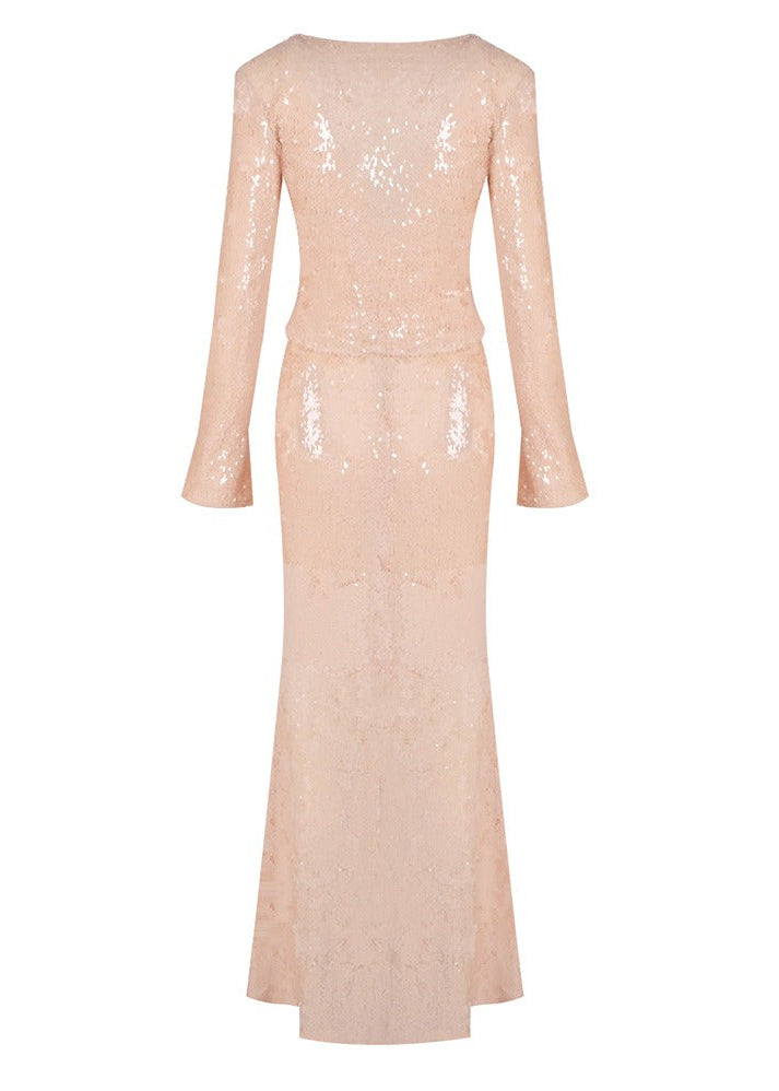 Damla Long Sleeve Sequin Two Piece Maxi Dress In Ivory