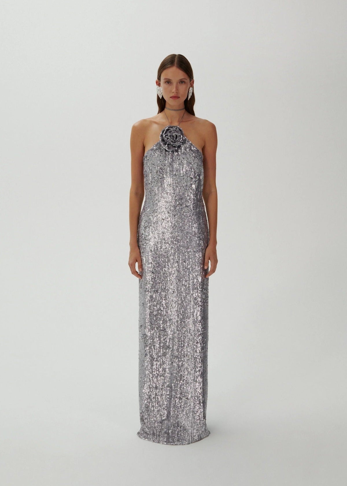 Devrim Floral-Appliqué Sequin Maxi Dress In Silver
