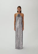 Devrim Floral-Appliqué Sequin Maxi Dress In Silver
