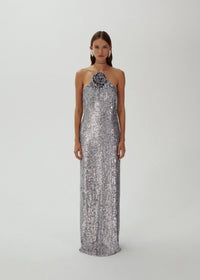 Devrim Floral-Appliqué Sequin Maxi Dress In Silver