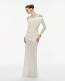Cryxel Off-Shoulder Draped Mesh Maxi Dress In White