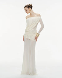 Cryxel Off-Shoulder Draped Mesh Maxi Dress In White
