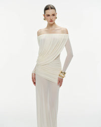 Cryxel Off-Shoulder Draped Mesh Maxi Dress In White