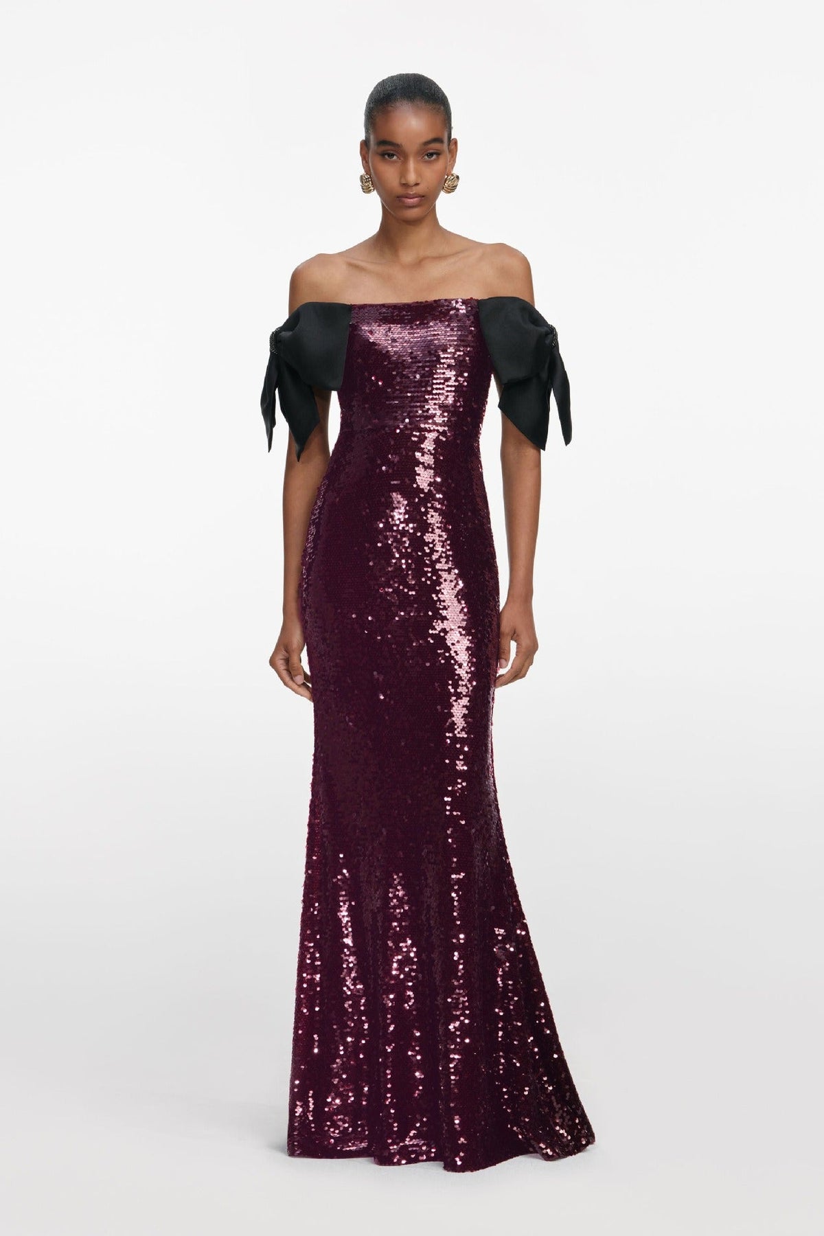 Ediva Bow Detail Bardot Sequin Maxi Dress In Brown