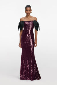 Ediva Bow Detail Bardot Sequin Maxi Dress In Brown