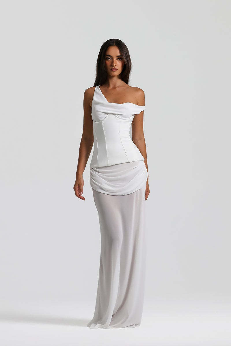 Ryron One Shoulder Corset Draped Maxi Dress In White