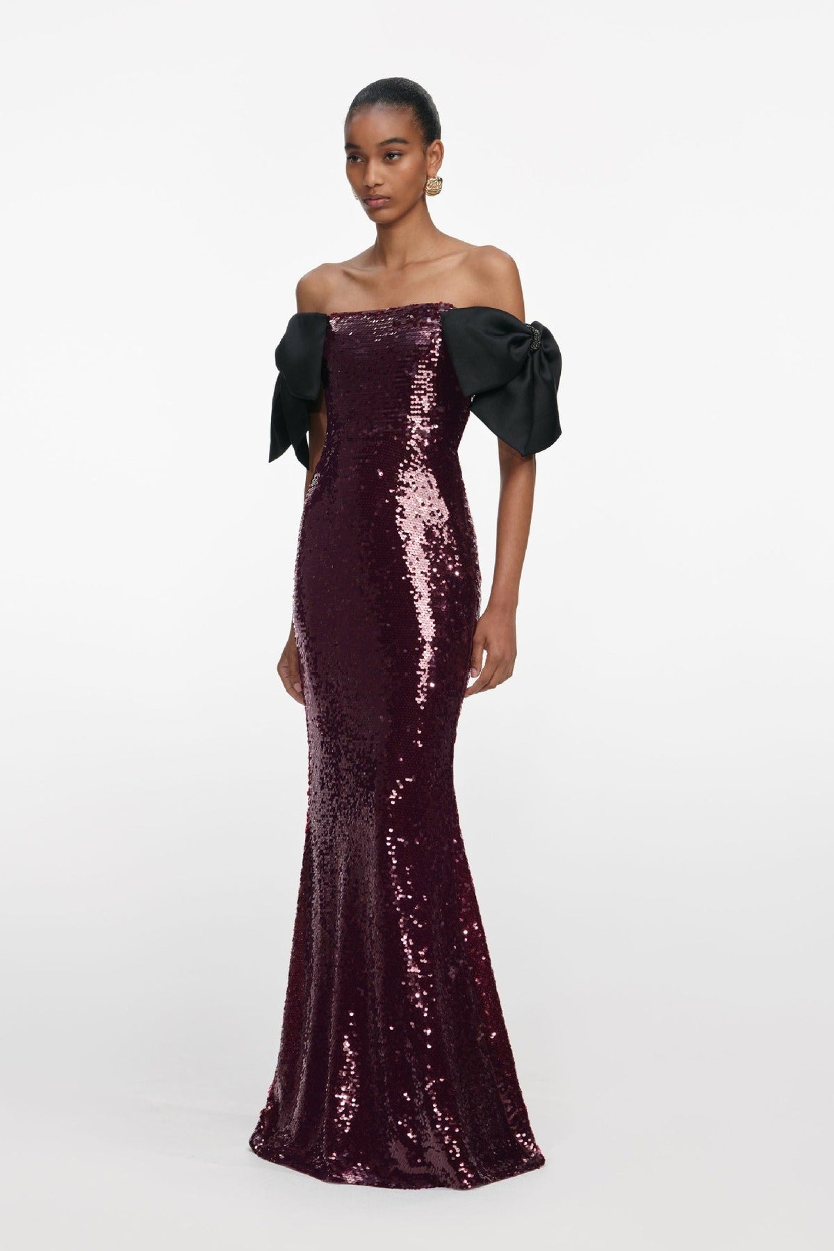 Ediva Bow Detail Bardot Sequin Maxi Dress In Brown