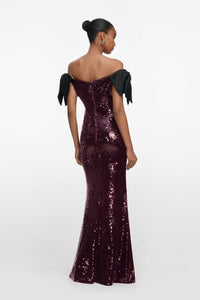 Ediva Bow Detail Bardot Sequin Maxi Dress In Brown