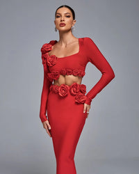 Dellis Flower Bandage Skirt Set In Red