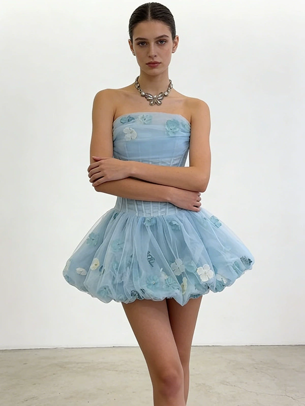 Alviva Strapless Floral Corset Bubble Mini Dress In Blue