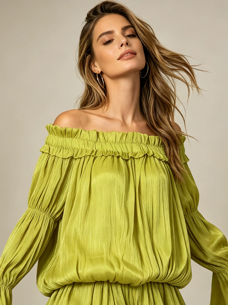Hadeanix Long Sleeve Bardot Bubble Dress In Green