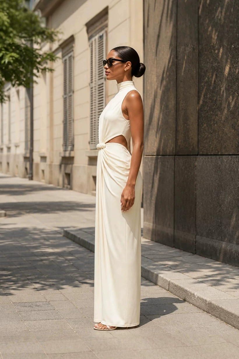 Emanar Draped Cutout Detail Maxi Dress In Ivory